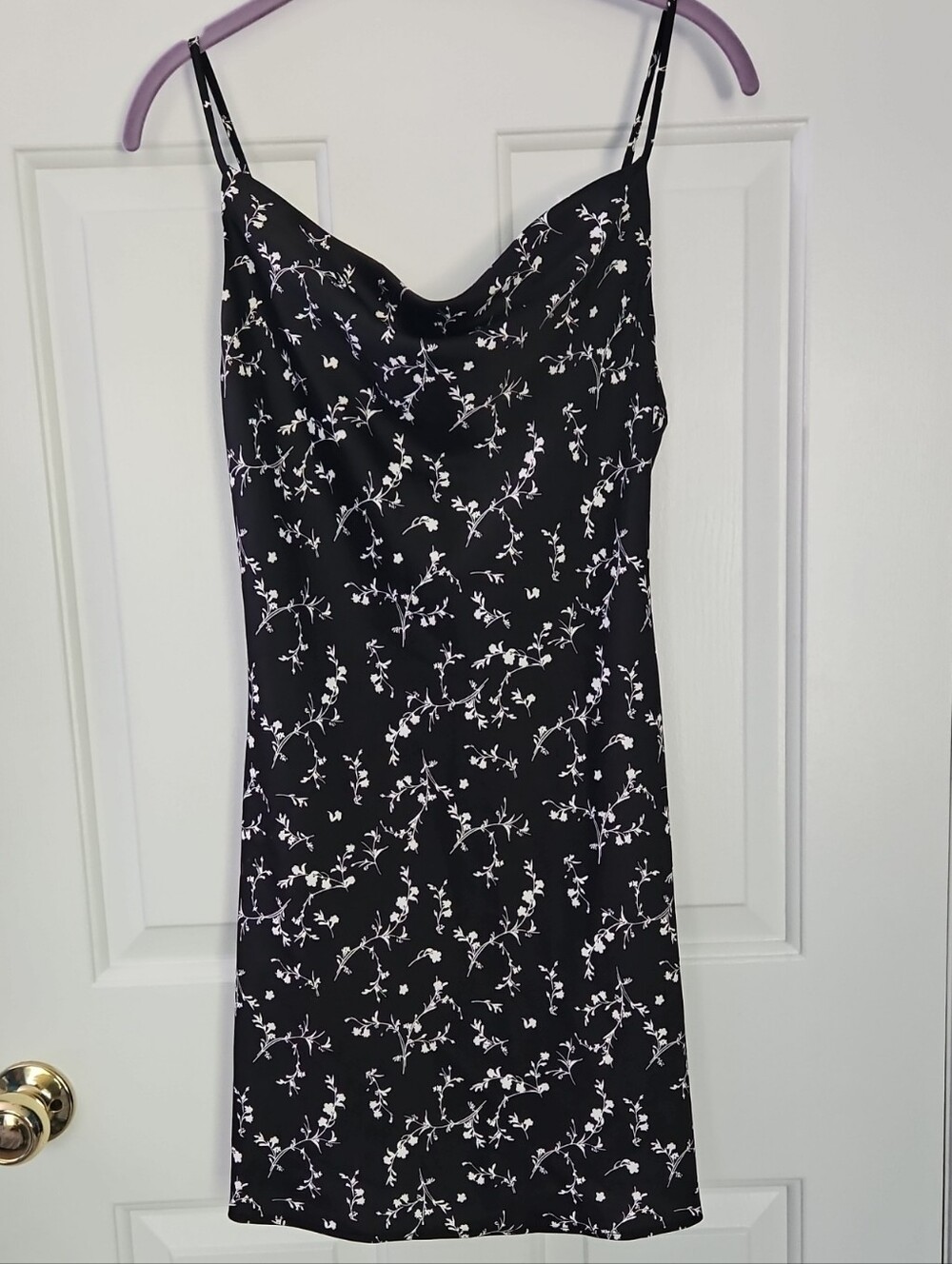 Urban Outfitters Black Mini Slip Dress with White Floral Vine Print